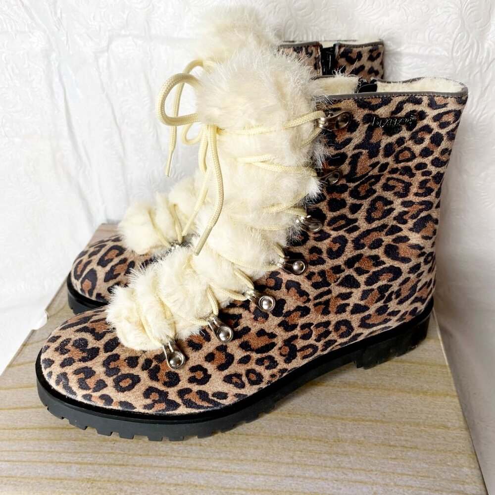 BearPaw Winter Shearling Lace Up Ankle Boots Vanna Gray Leopard 10